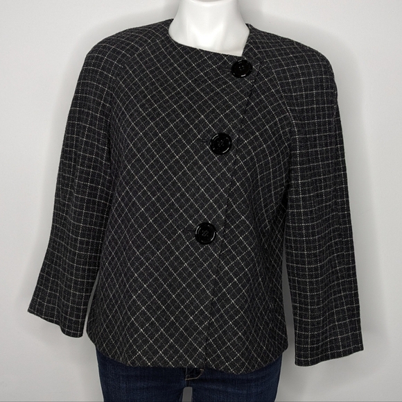 Anne Klein Black White Lambs Wool 3/4 Sleeve Button Up Short Swing Jacket 12 - Picture 1 of 8